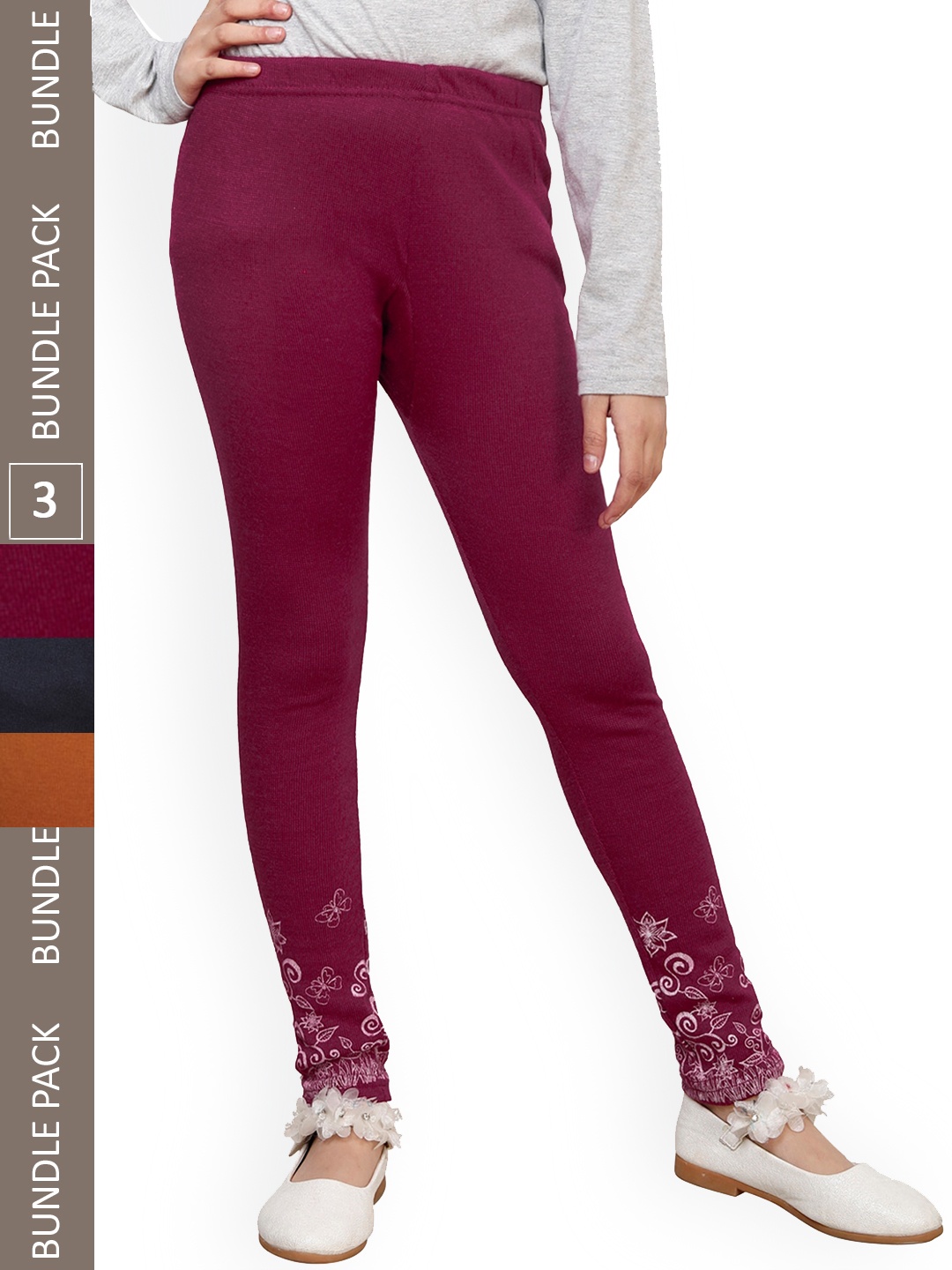 

IndiWeaves Girls Pack Of 3 Printed Woolen Ankle Length Leggings, Magenta