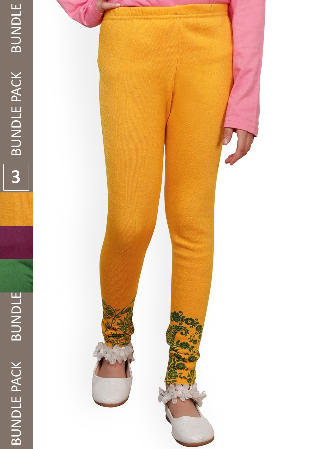 

IndiWeaves Girls Pack Of 3 Printed Woolen Ankle Length Leggings, Yellow