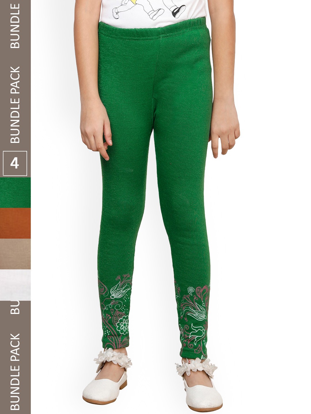 

IndiWeaves Girls Pack Of 4 Floral Hem Design Wool Ankle Length Leggings, Green