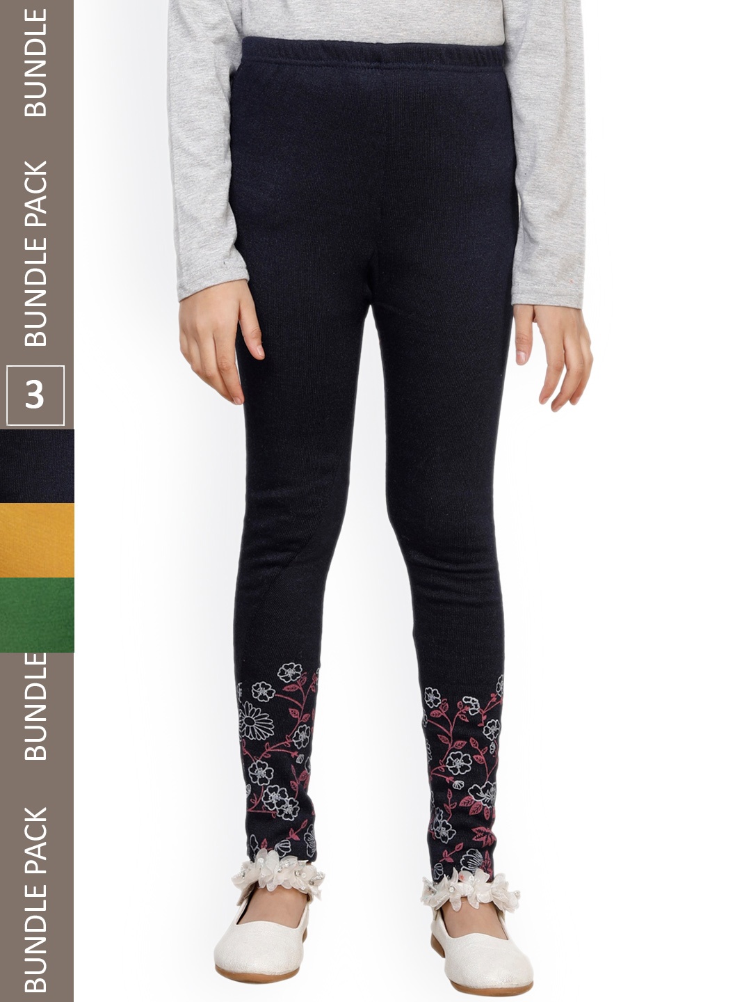 

IndiWeaves Girls Pack Of 3 Printed Wool Ankle Length Leggings, Black