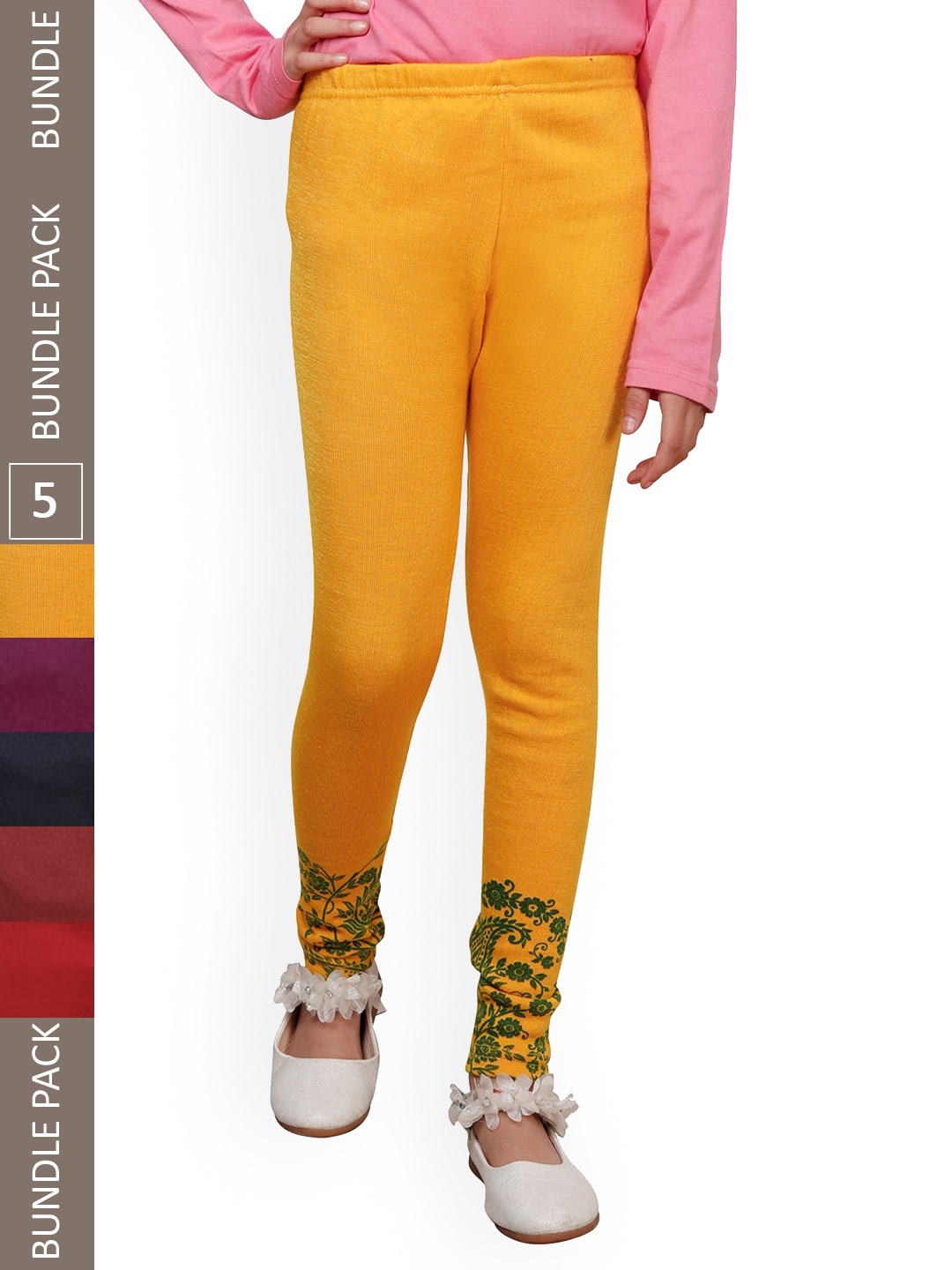

IndiWeaves Girls Pack Of 5 Printed Wool Ankle Length Leggings, Yellow
