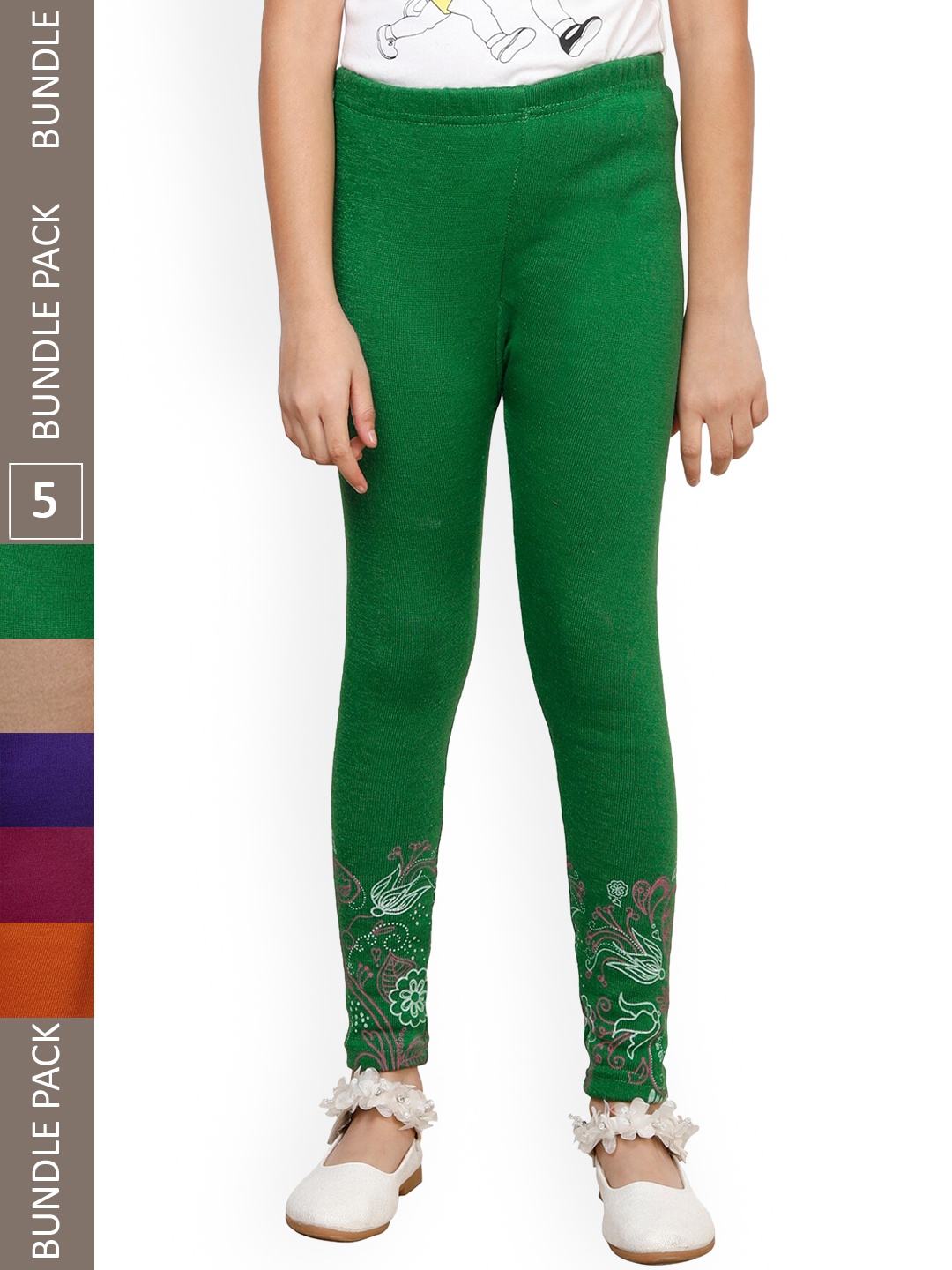 

IndiWeaves Girls Pack Of 5 Printed Wool Ankle Length Leggings, Green