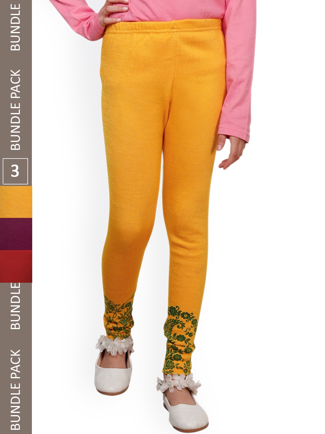 

IndiWeaves Girls Pack Of 3 Bottom Printed Warm Woolen Ankle Length Leggings, Yellow