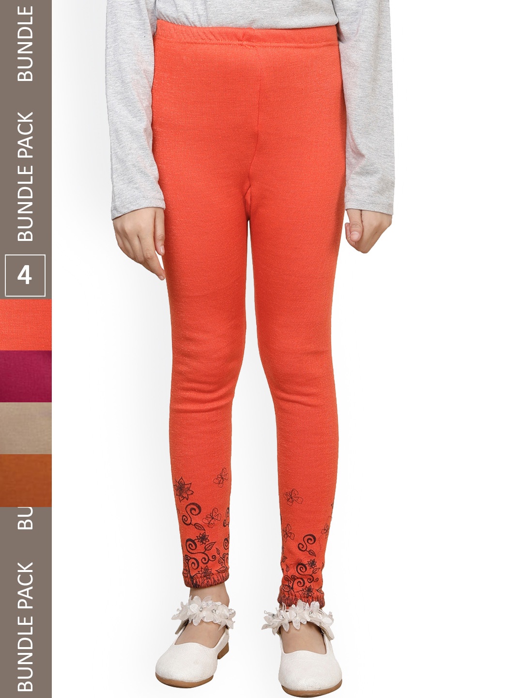 

IndiWeaves Girls Pack Of 4 Printed Wool Ankle Length Leggings, Orange