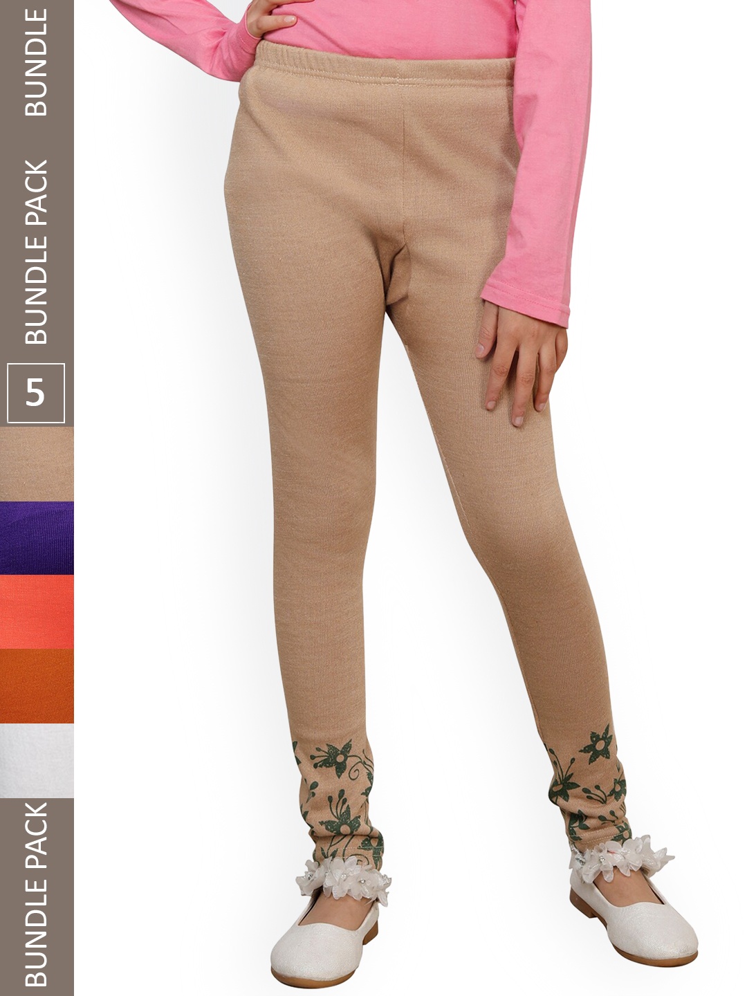 

IndiWeaves Girls Pack Of 5 Printed Wool Ankle Length Leggings, Beige