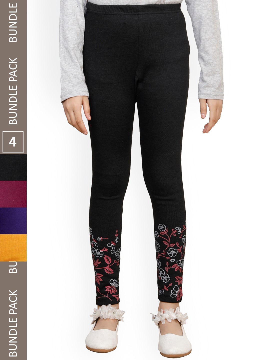 

IndiWeaves Girls Pack Of 4 Floral Hem Design Wool Ankle Length Leggings, Black