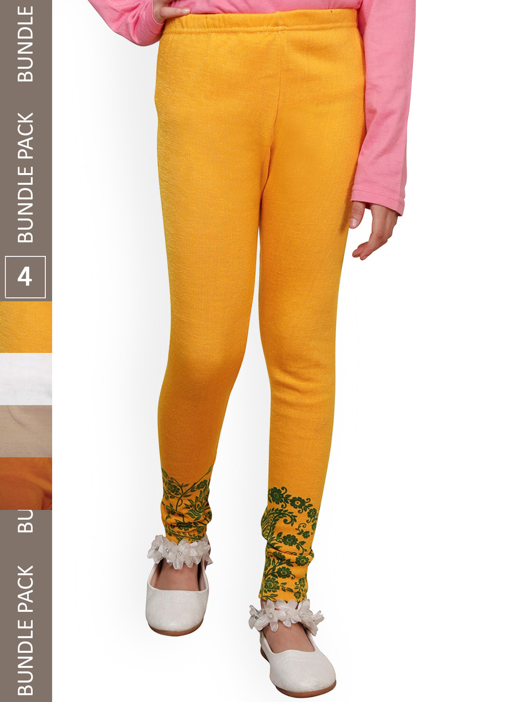 

IndiWeaves Girls Pack Of 4 Printed Woolen Ankle Length Leggings, Yellow