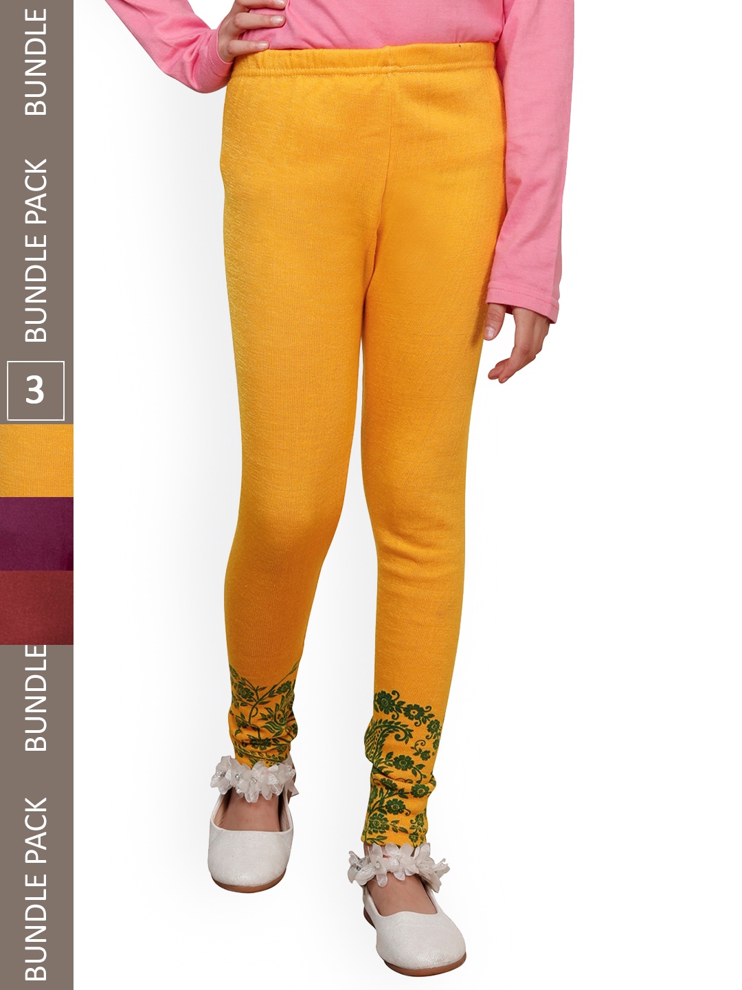 

IndiWeaves Girls Pack Of 3 Printed Woolen Ankle-Length Leggings, Yellow
