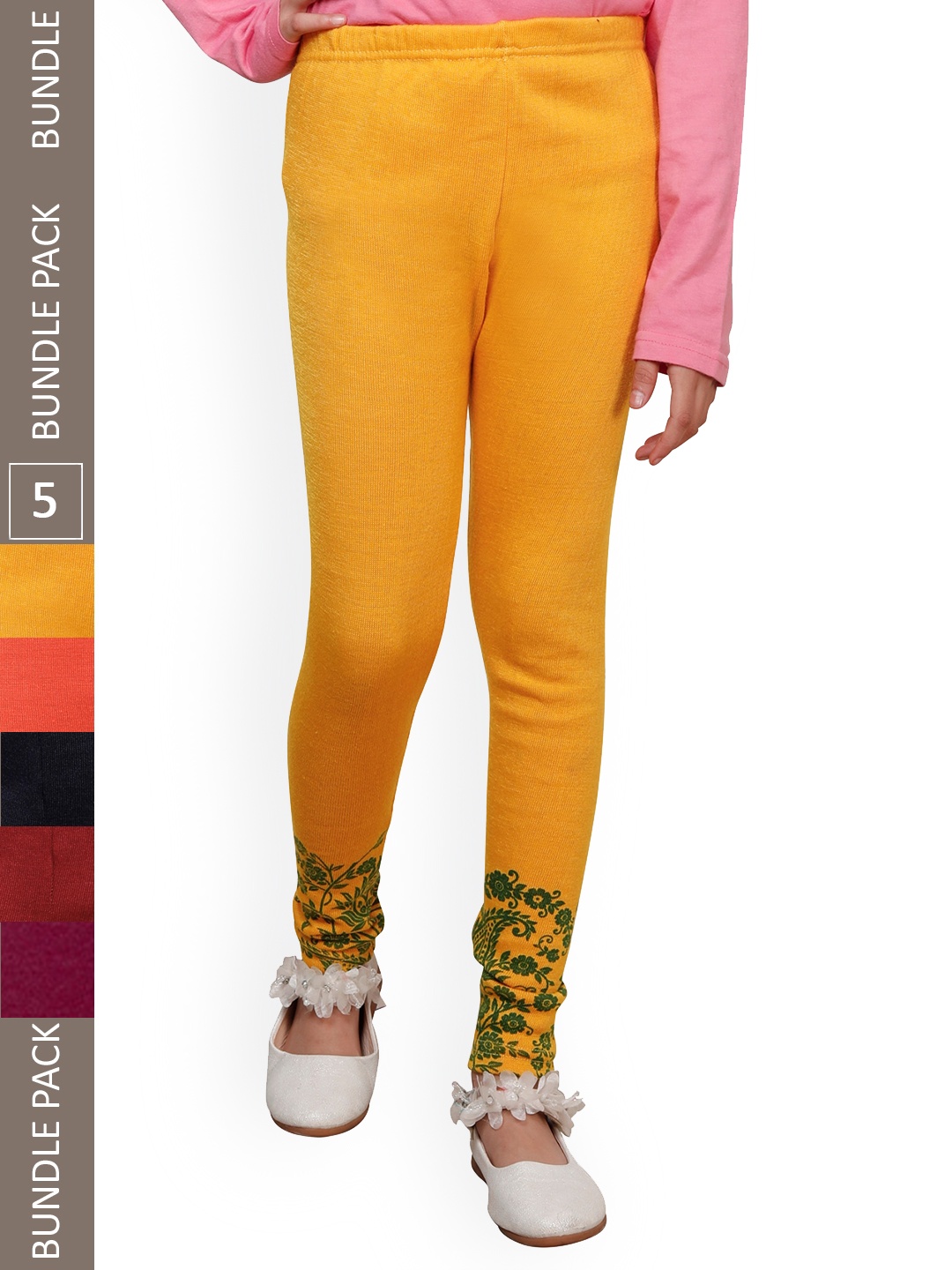

IndiWeaves Girls Pack Of 5 Printed Woolen Ankle Length Leggings, Yellow