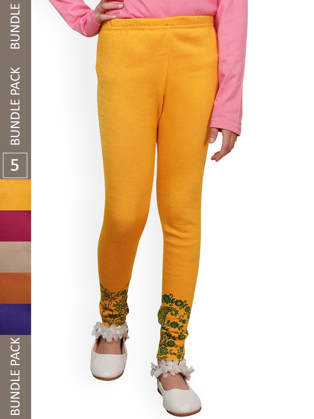 

IndiWeaves Girls Pack Of 5 Printed Woolen Ankle Length Leggings, Yellow
