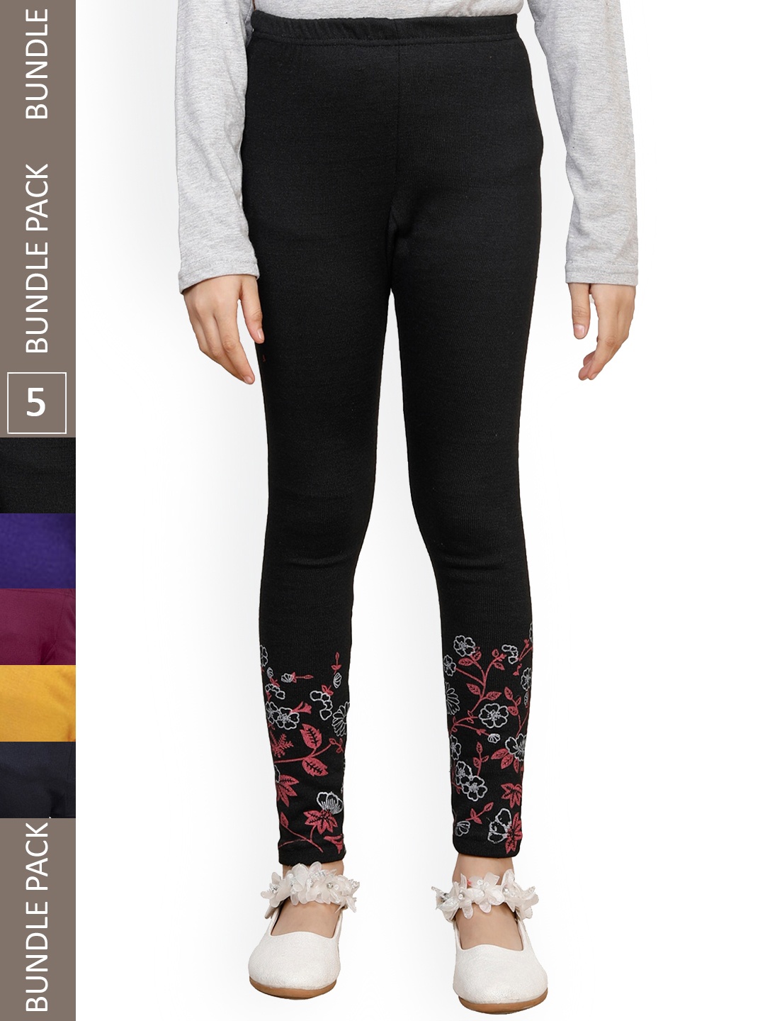 

IndiWeaves Girls Pack Of 5 Printed Woolen Ankle Length Leggings, Black