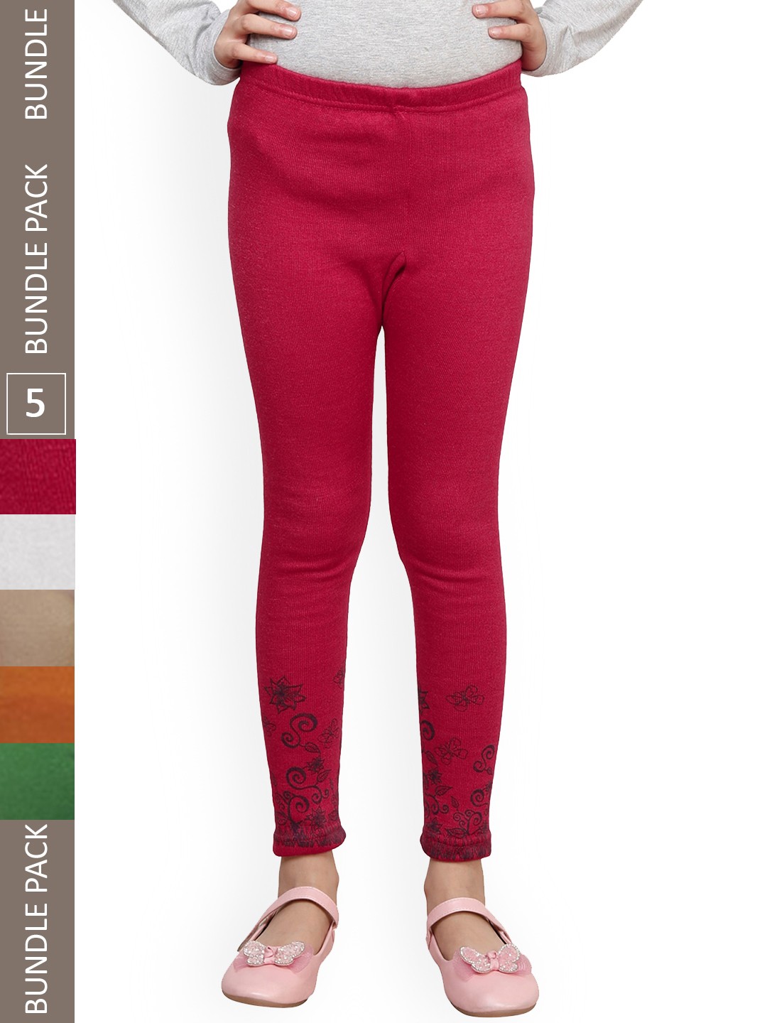 

IndiWeaves Girls Pack of 5 Printed Ankle-Length Wool Leggings, Magenta
