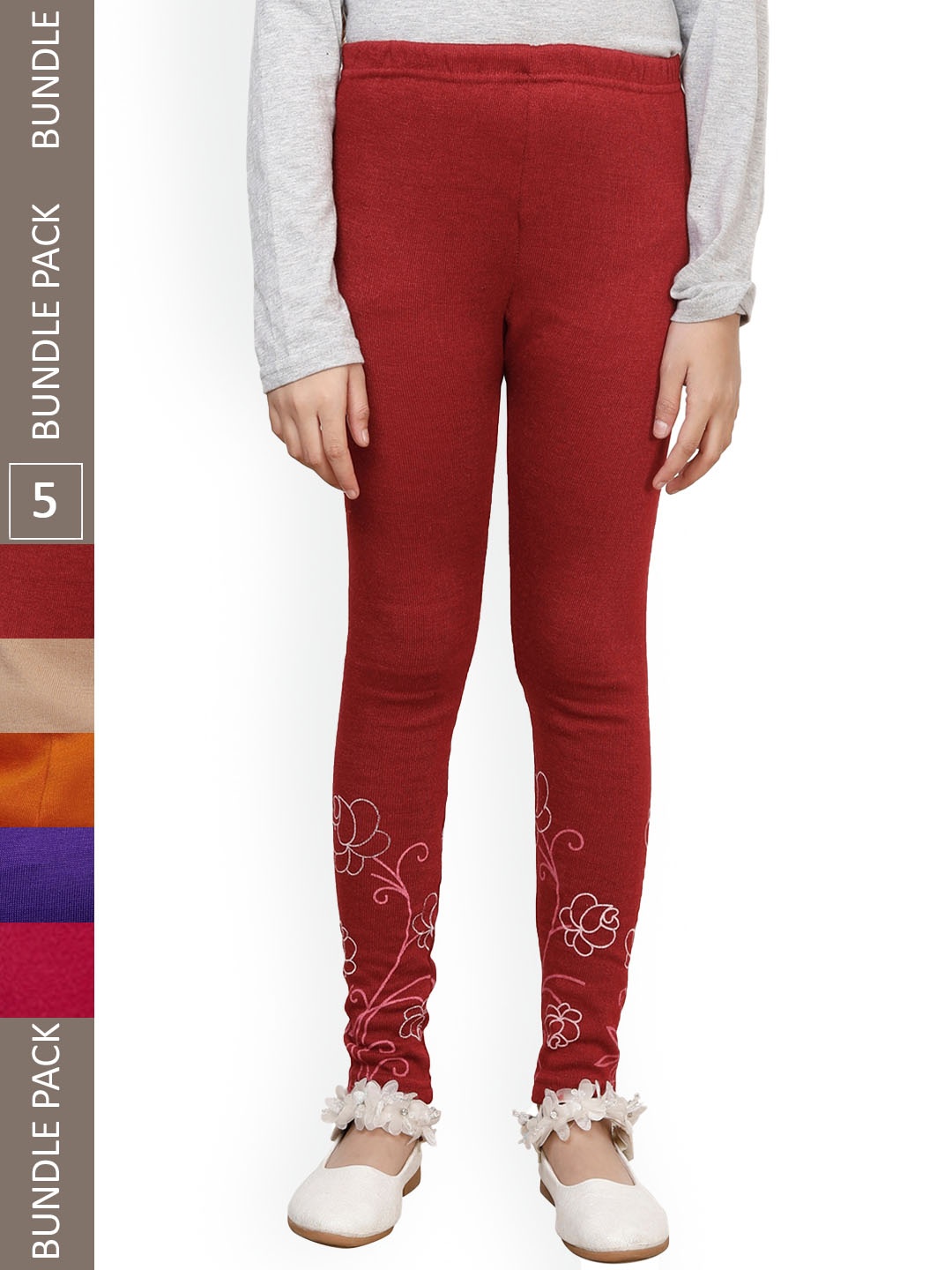 

IndiWeaves Girls Pack Of 5 Printed Woolen Ankle Length Leggings, Magenta