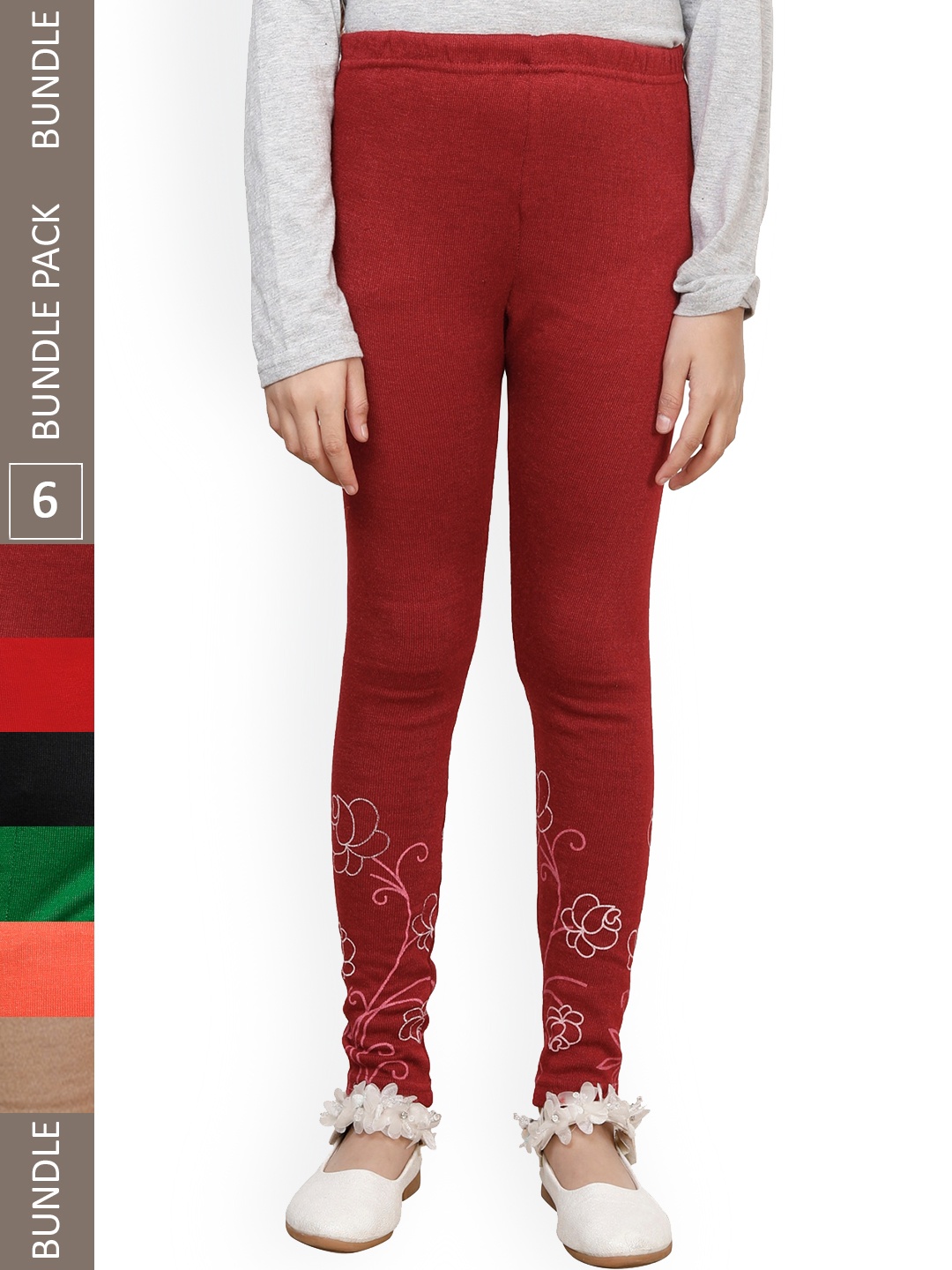 

IndiWeaves Girls Pack Of 6 Printed Woolen Ankle Length Leggings, Red