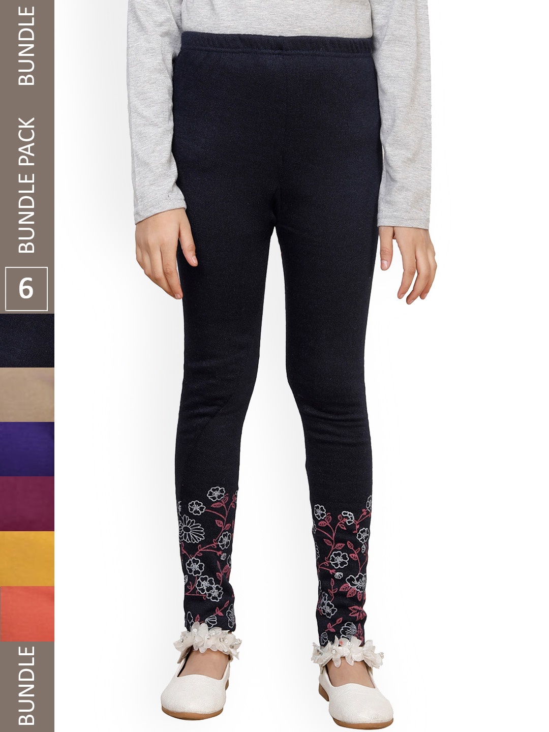 

IndiWeaves Girls Pack Of 6 Printed Woolen Ankle Length Leggings, Purple