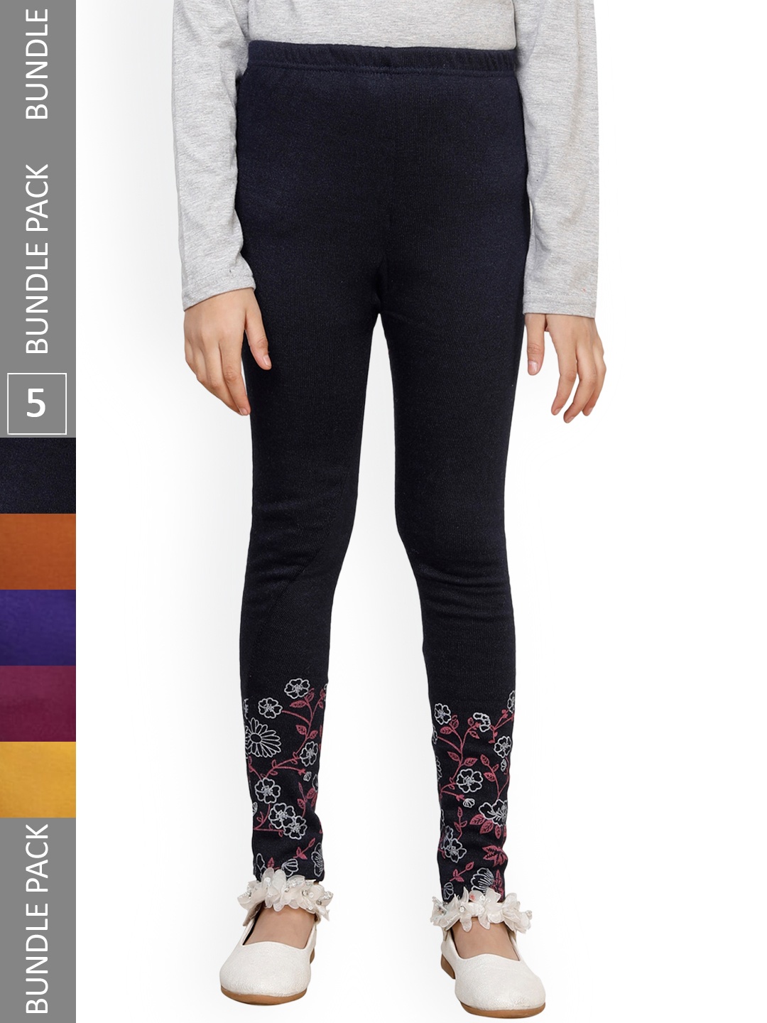 

IndiWeaves Girls Pack Of 5 Printed Woolen Ankle Length Leggings, Purple