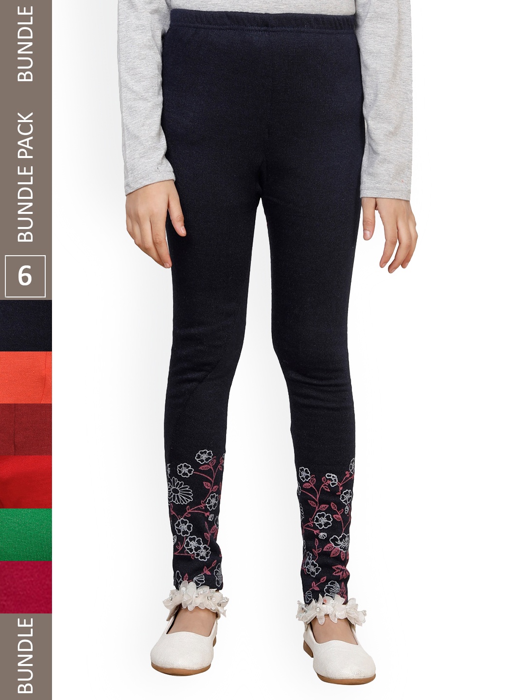

IndiWeaves Girls Pack Of 6 Printed Woolen Ankle Length Leggings, Black