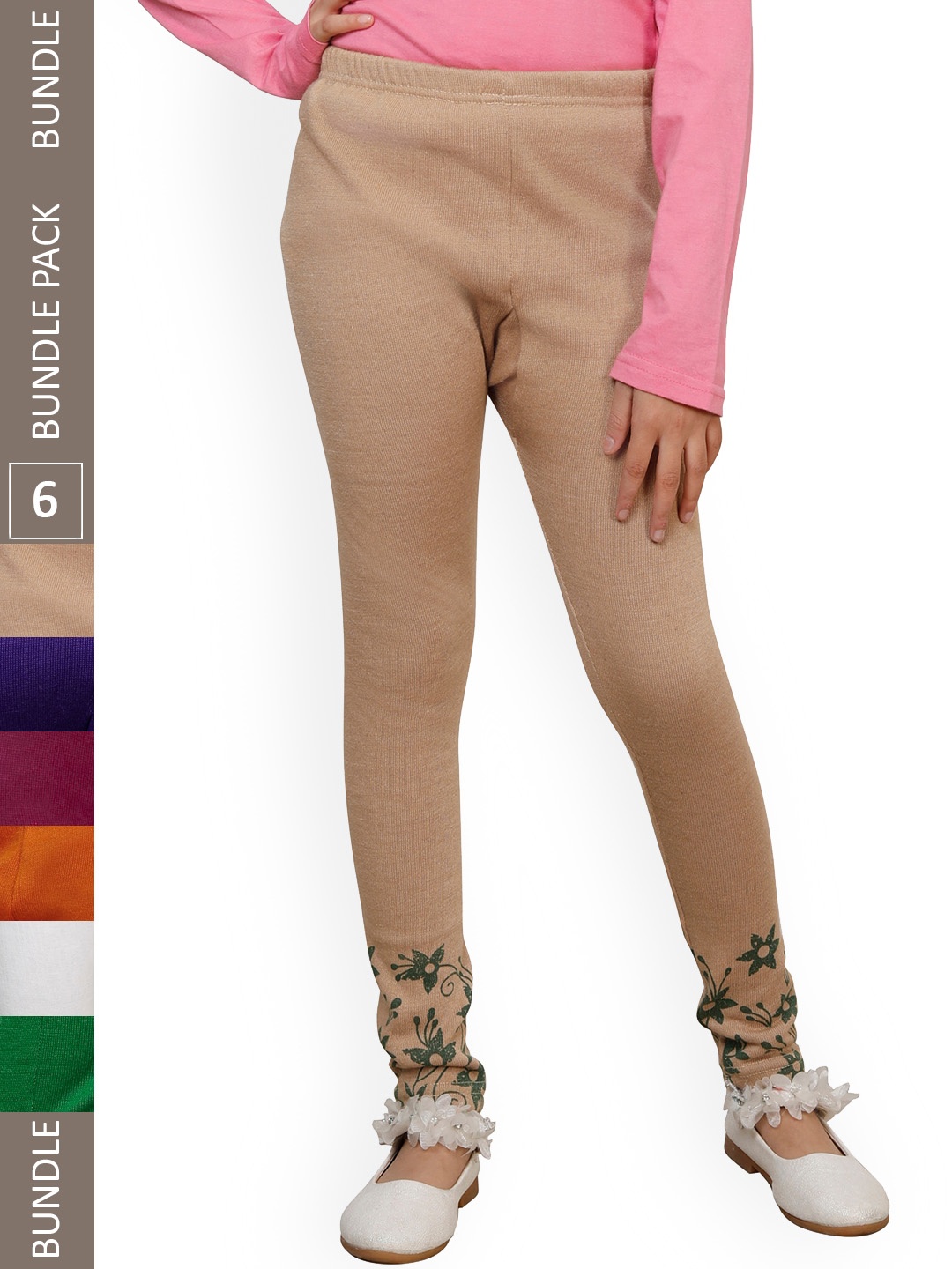 

IndiWeaves Girls Pack of 6 Bottom Printed Warm Woolen Ankle Length Leggings, Beige