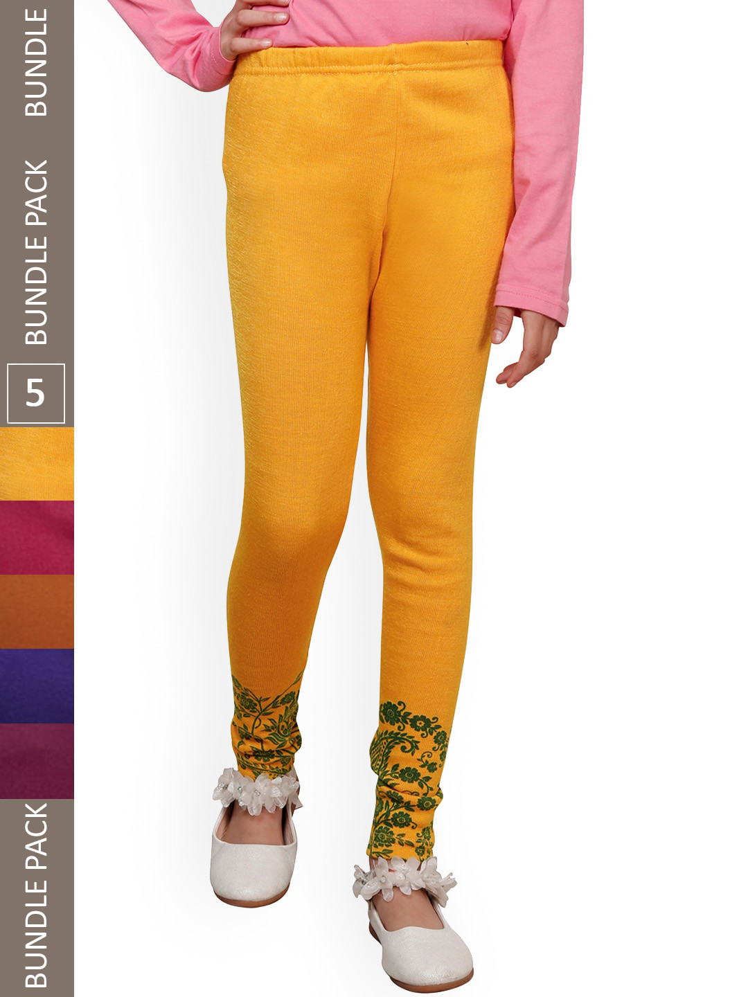 

IndiWeaves Girls Pack of 5 Printed Wool Churidar-Length Leggings, Yellow