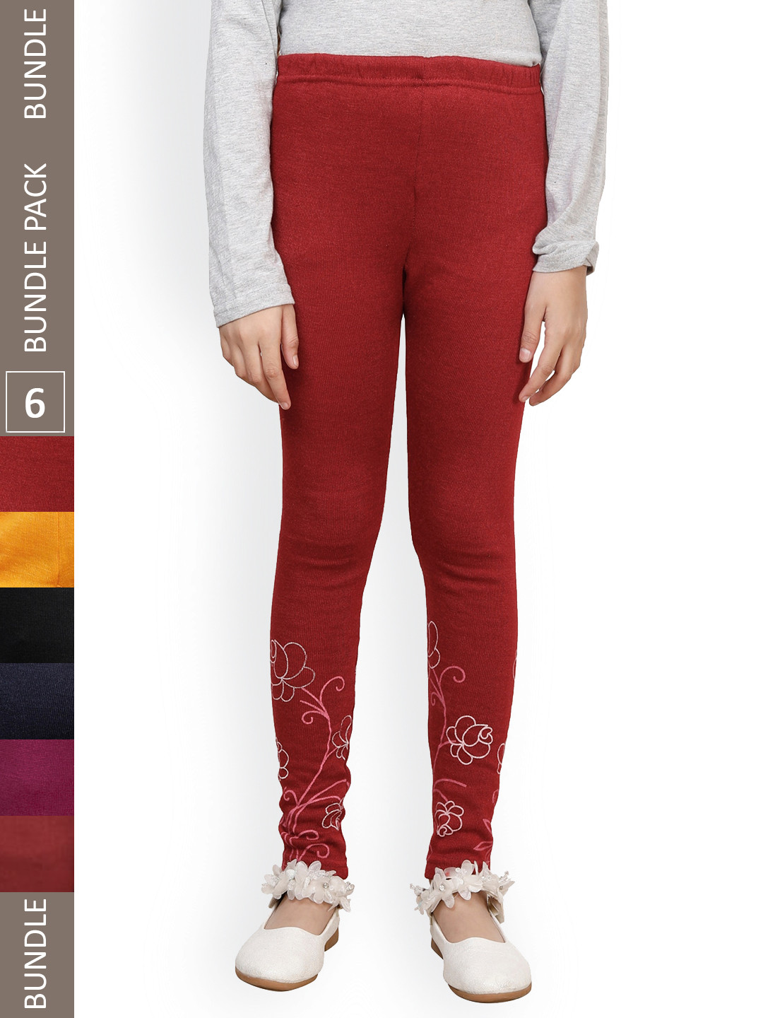 

IndiWeaves Girls Pack Of 6 Printed Super Warm Ankle-Length Leggings, Red
