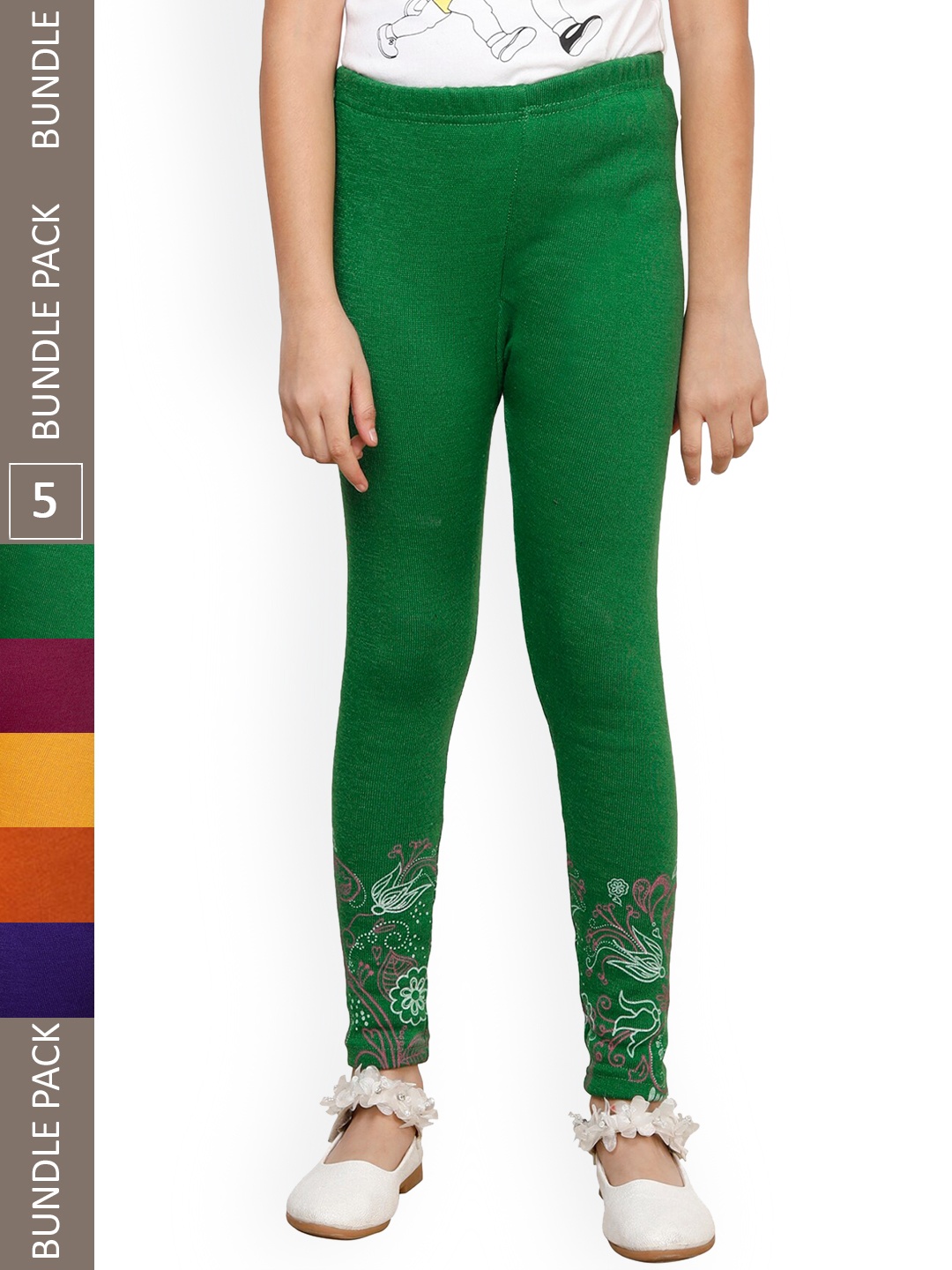 

IndiWeaves Girls Pack Of 5 Printed Super Warm Ankle-Length Leggings, Green