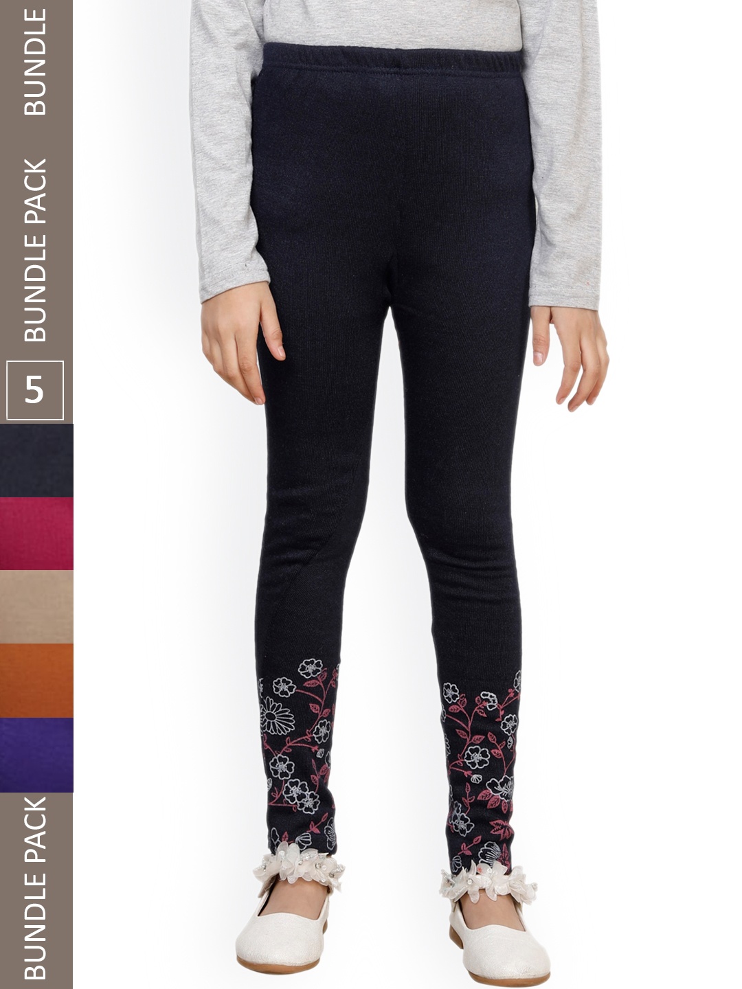 

IndiWeaves Girls Pack Of 5 Printed Super Warm Ankle-Length Leggings, Blue