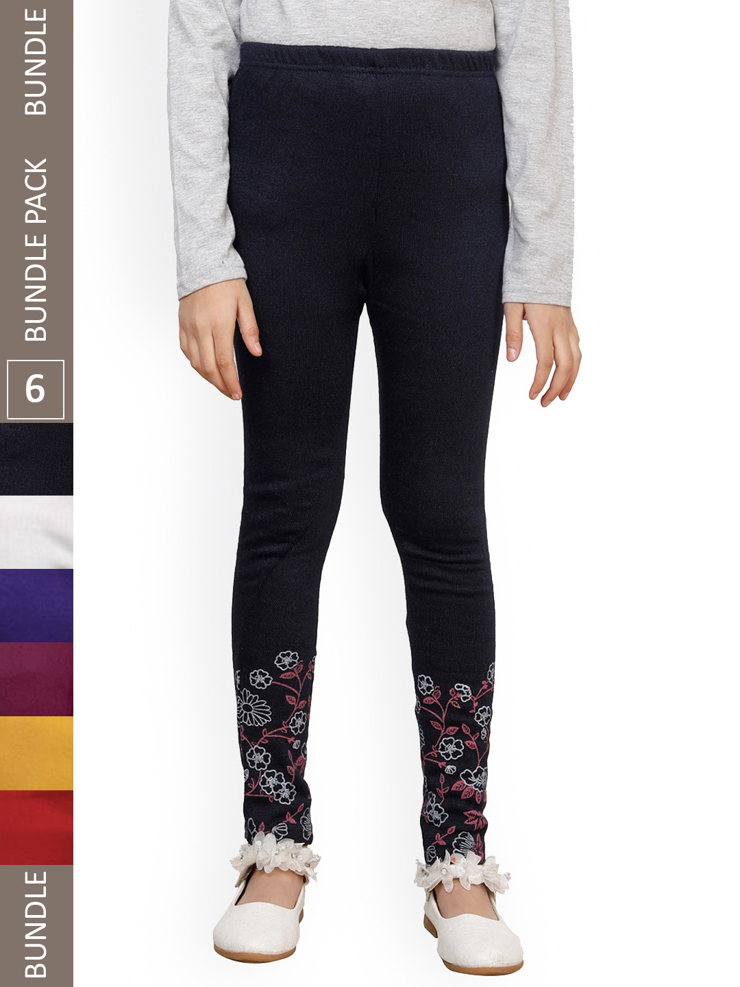 

IndiWeaves Girls Pack Of 6 Printed Super Warm Ankle-Length Leggings, White