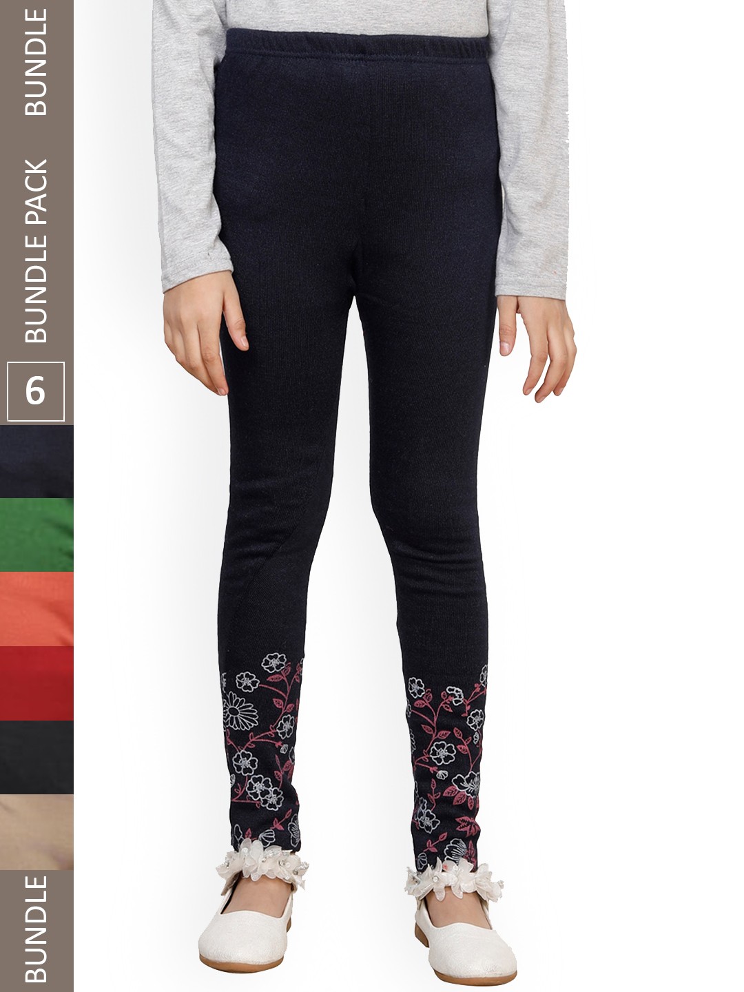 

IndiWeaves Girls Pack of 6 Printed Wool Ankle-Length Leggings, Navy blue
