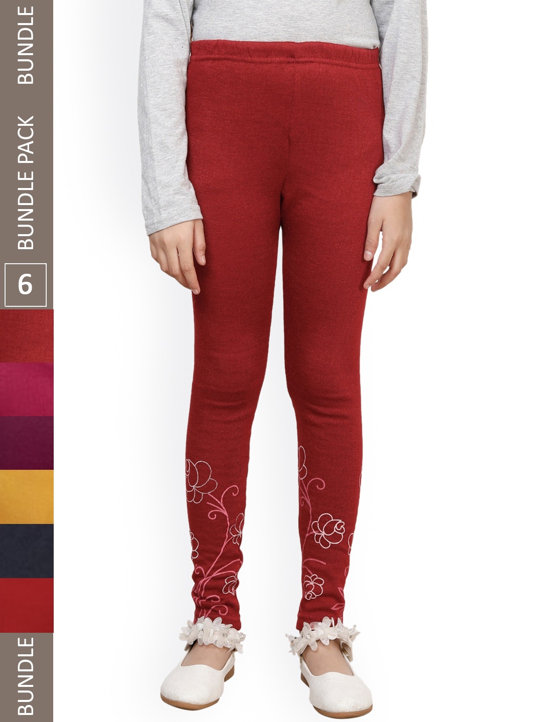 

IndiWeaves Girls Pack of 6 Bottom Printed Super Warm Wool Ankle-Length Leggings, Red