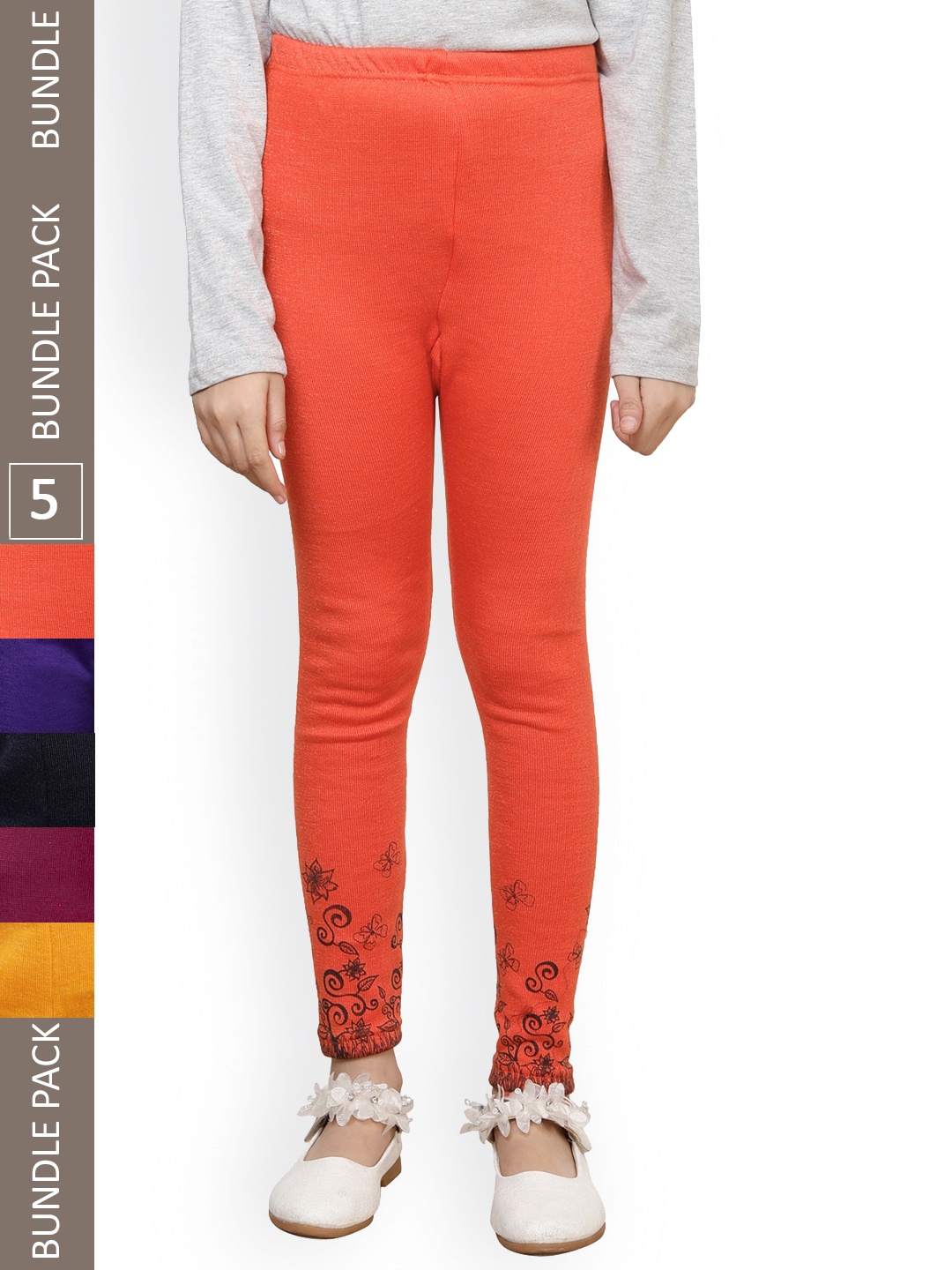 

IndiWeaves Girls Pack Of 5 Printed Woolen Ankle Length Leggings, Orange