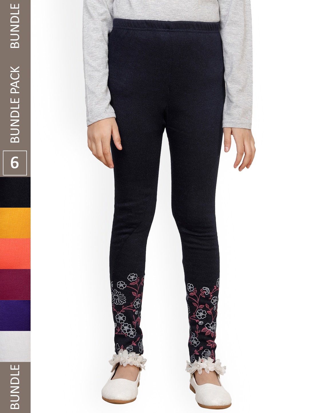 

IndiWeaves Girls Pack Of 6 Printed Woolen Ankle Length Leggings, Black