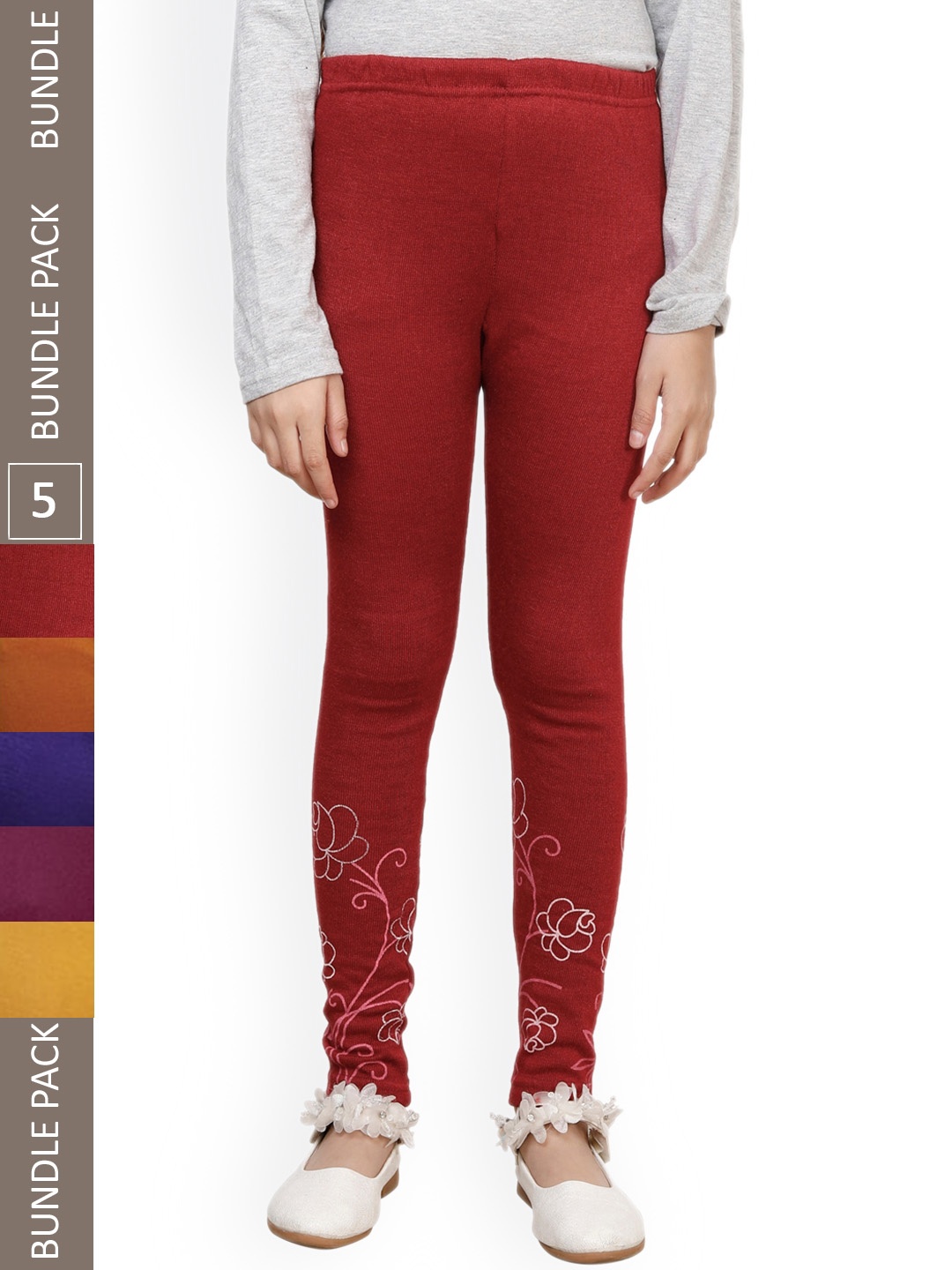 

IndiWeaves Girls Pack of 5 Printed Wool Ankle-Length Leggings, Maroon