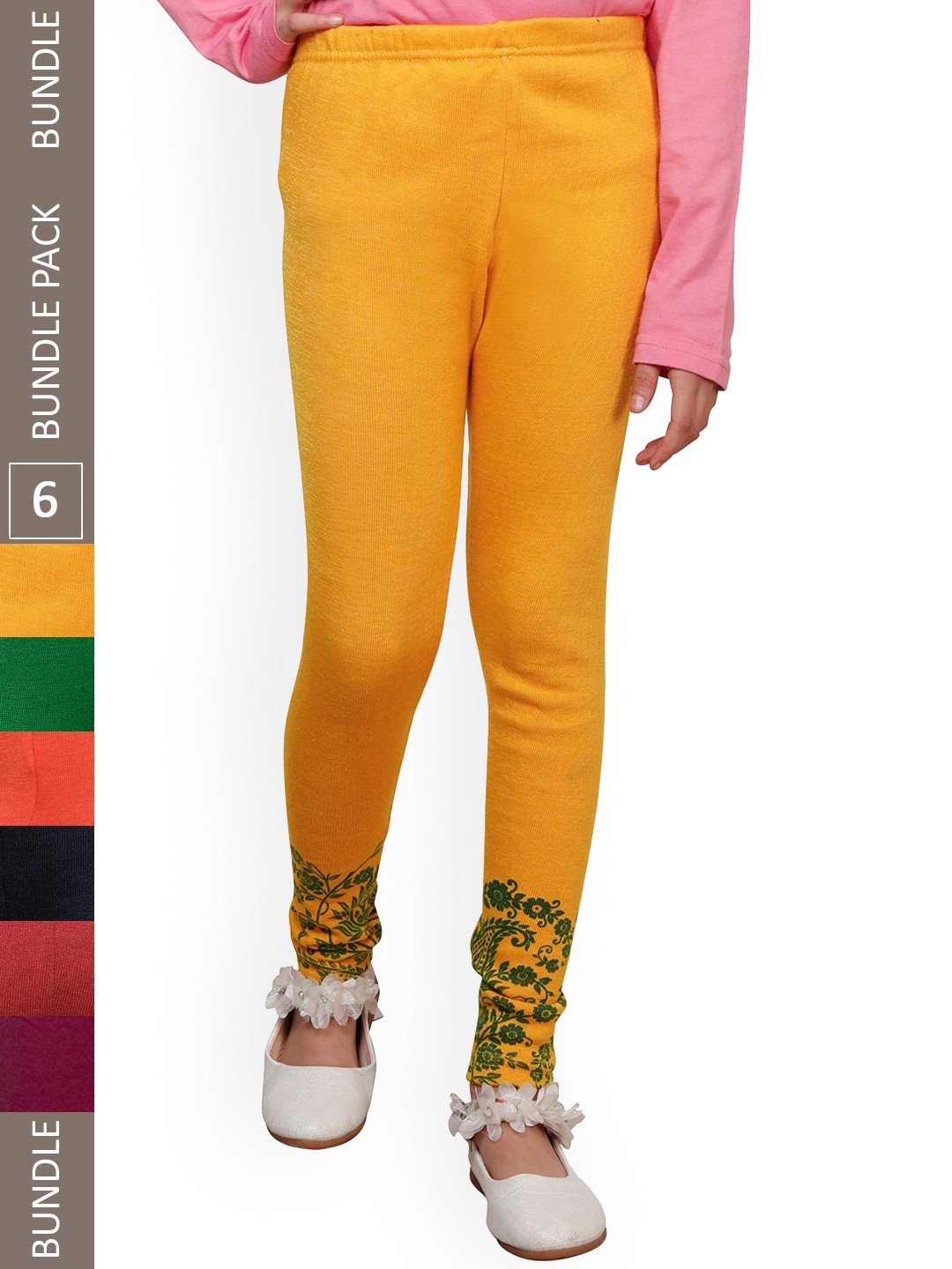 

IndiWeaves Girls Pack of 6 Printed Woolen Ankle-Length Leggings, Yellow