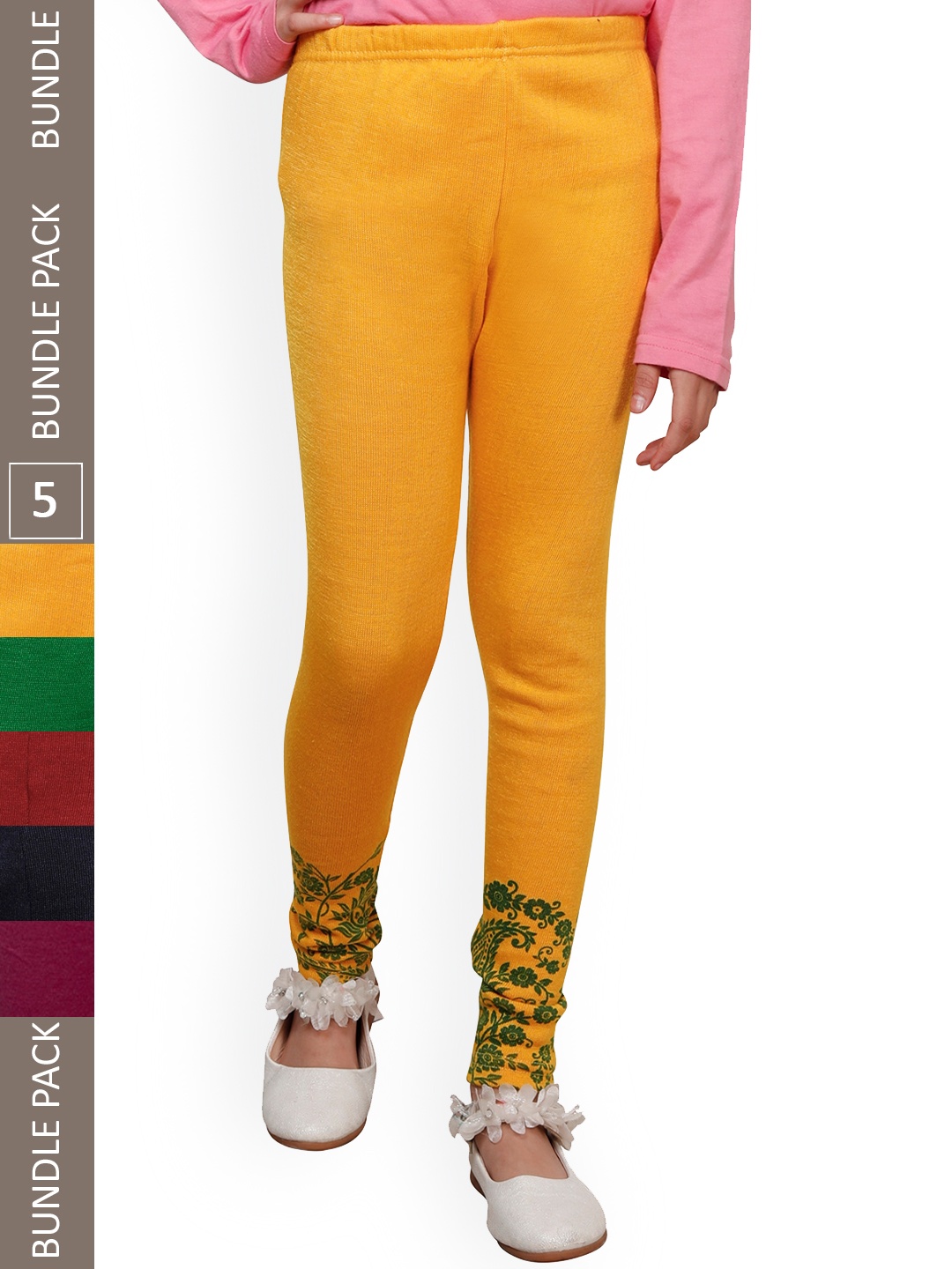 

IndiWeaves Girls Pack Of 5 Printed Woolen Ankle Length Leggings, Yellow
