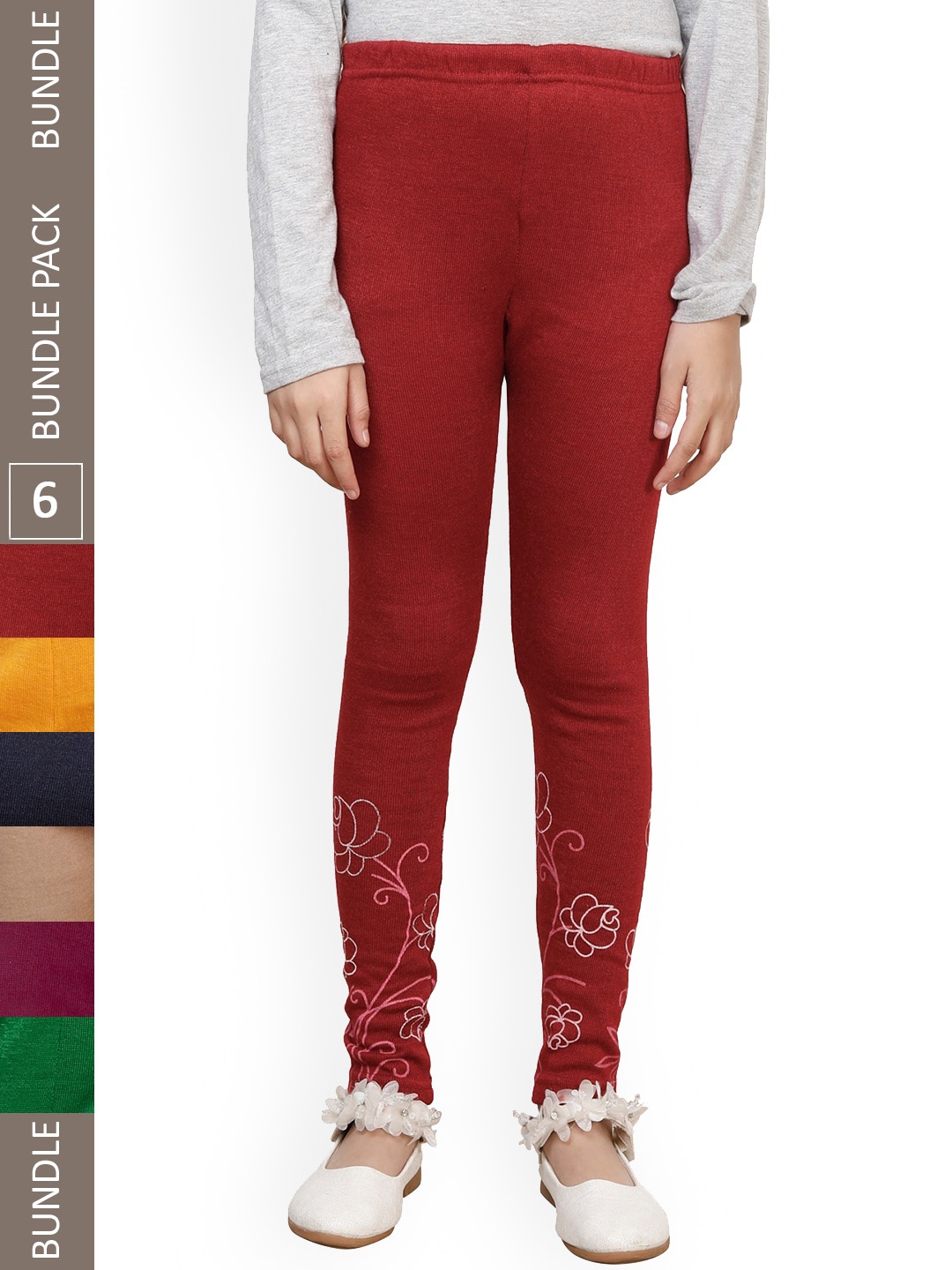 

IndiWeaves Girls Pack Of 6 Woollen Ankle Length Leggings, Red