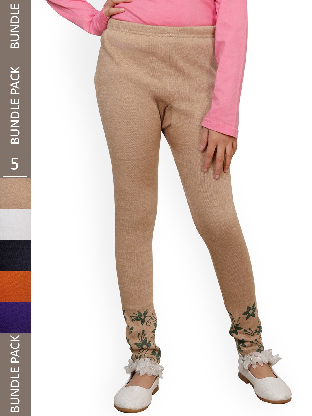 

IndiWeaves Girls Pack Of 5 Printed Woolen Ankle Length Leggings, Beige