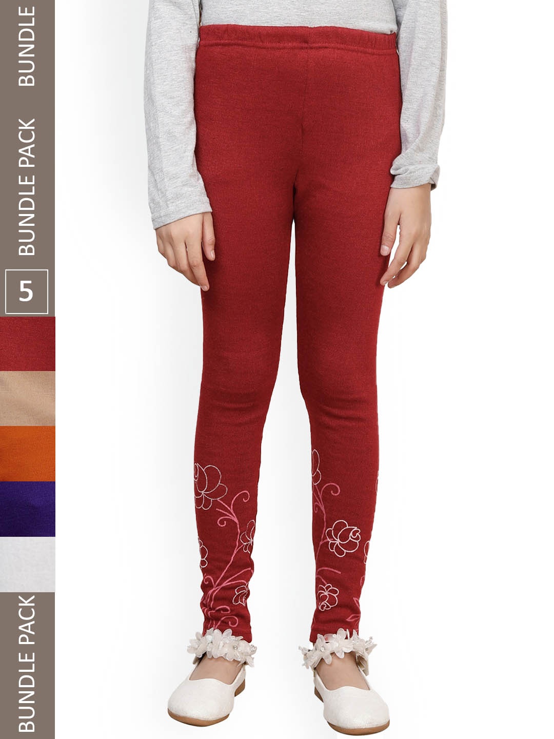 

IndiWeaves Girls Pack Of 5 Printed Woolen Ankle Length Leggings, Maroon