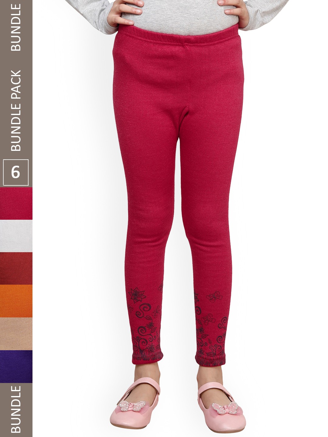 

IndiWeaves Girls Pack of 6 Printed Wool Ankle-Length Leggings, Magenta
