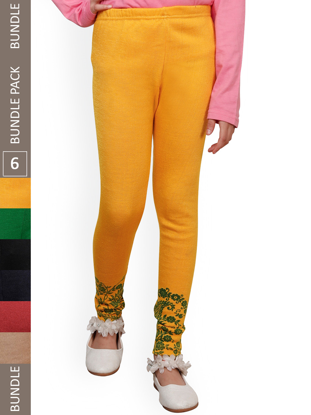 

IndiWeaves Girls Pack Of 6 Printed Woolen Ankle Length Leggings, Yellow