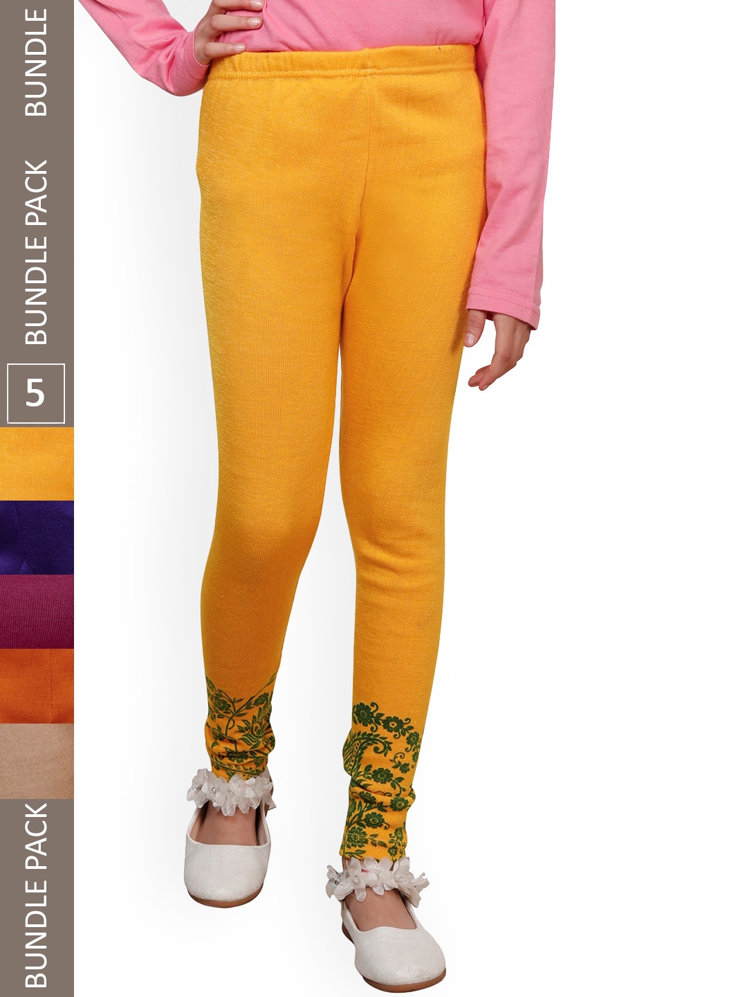 

IndiWeaves Girls Pack Of 5 Printed Wool Ankle Length Leggings, Yellow
