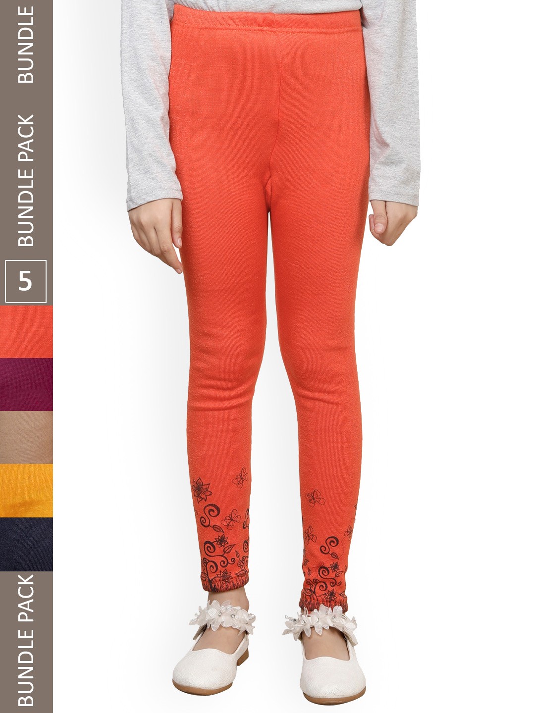 

IndiWeaves Girls Pack Of 5 Bottom Printed Warm Woolen Ankle Length Leggings, Orange