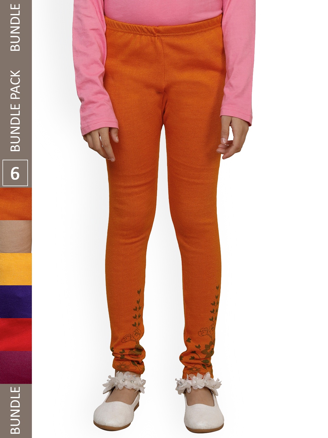 

IndiWeaves Girls Pack Of 6 Printed Woolen Ankle Length Leggings, Orange