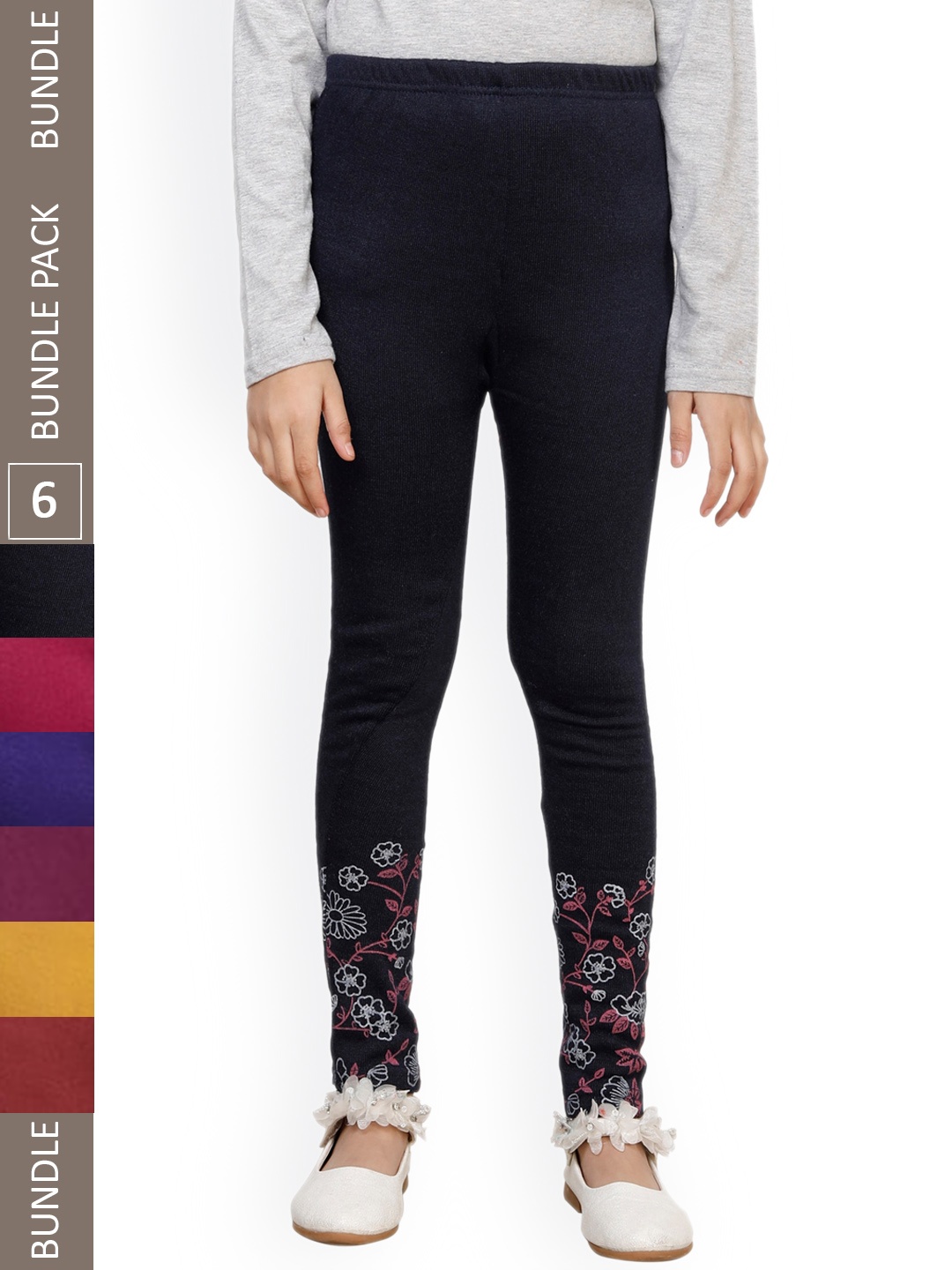 

IndiWeaves Girls Pack Of 6 Printed Ankle-Length Leggings, Black
