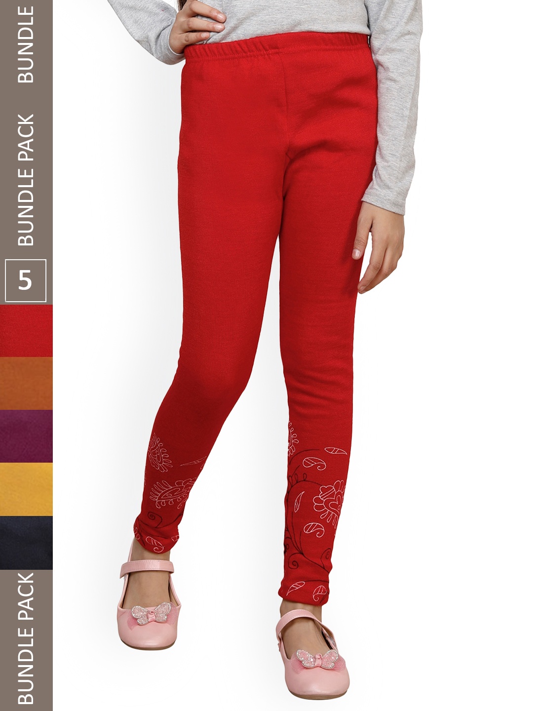 

IndiWeaves Girls Pack of 5 Ankle Length Wool Leggings, Red