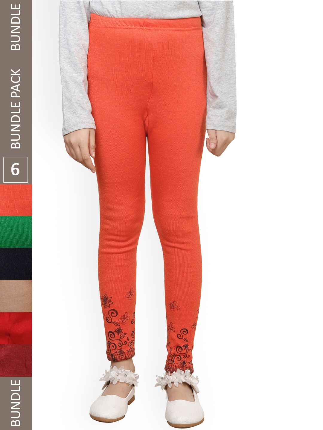 

IndiWeaves Girls Pack of 6 Printed Wool Ankle-Length Leggings, Orange