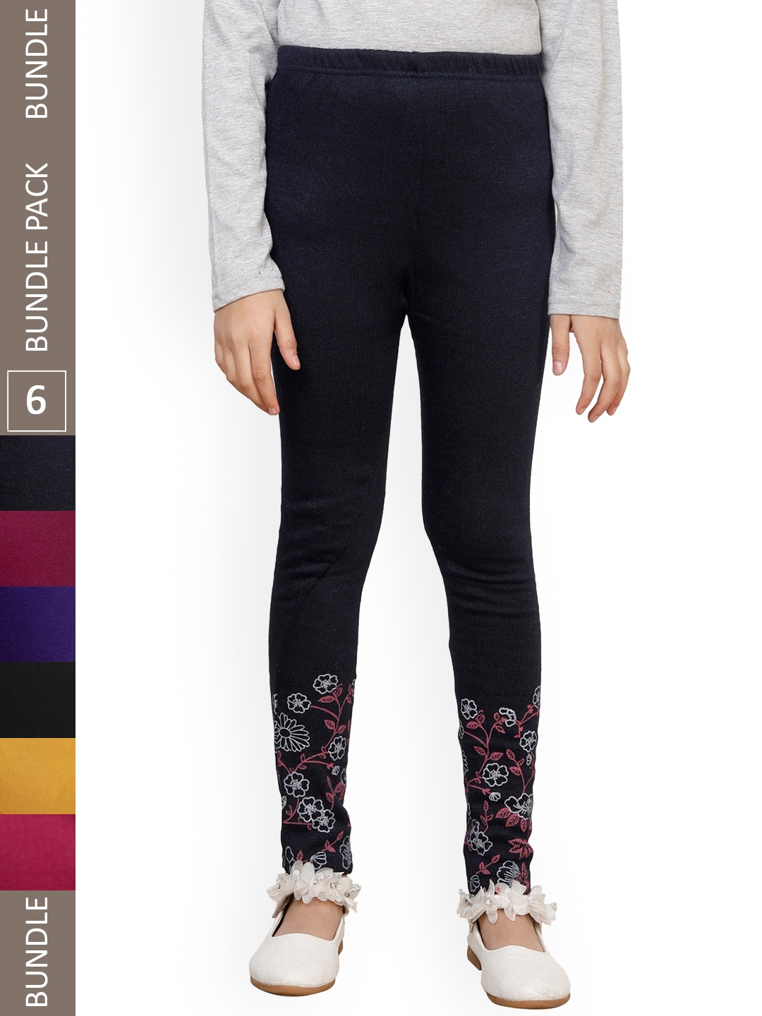 

IndiWeaves Girls Pack Of 6 Printed Woolen Ankle Length Leggings, Navy blue