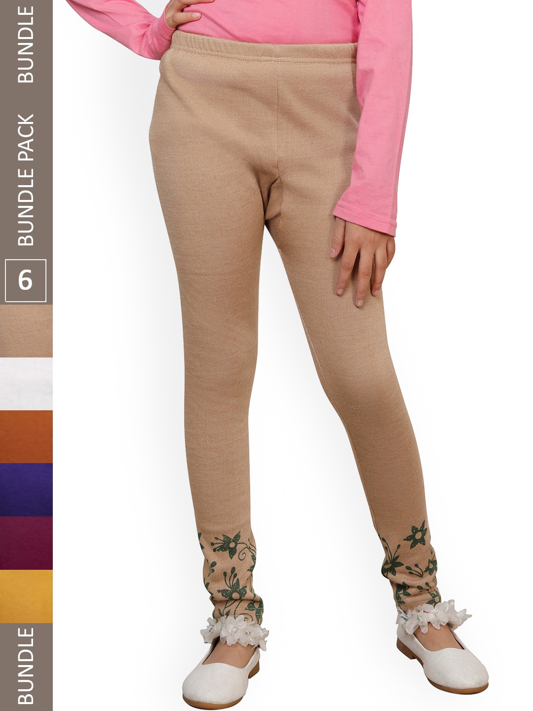 

IndiWeaves Girls Pack of 6 Bottom Printed Warm Woolen Ankle Length Leggings, Beige