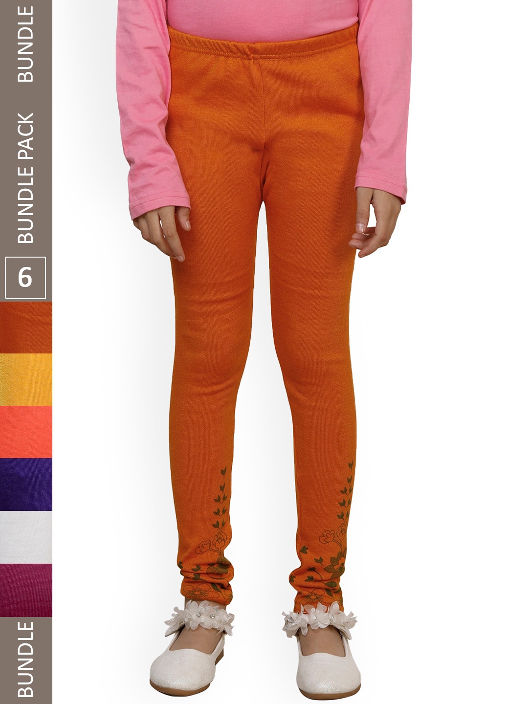 

IndiWeaves Girls Pack of 6 Bottom Printed Super Warm Wool Ankle-Length Leggings, Orange