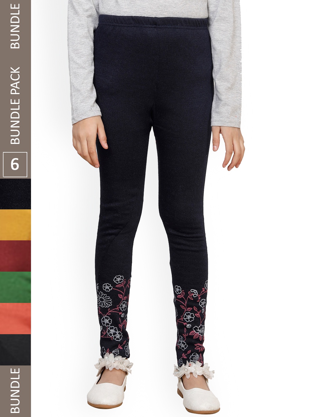

IndiWeaves Girls Pack of 6 Bottom Printed Wool Ankle-Length Leggings, Black