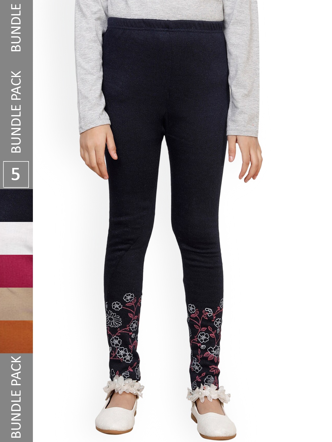 

IndiWeaves Girls Pack Of 5 Printed Woolen Ankle-Length Leggings, Black
